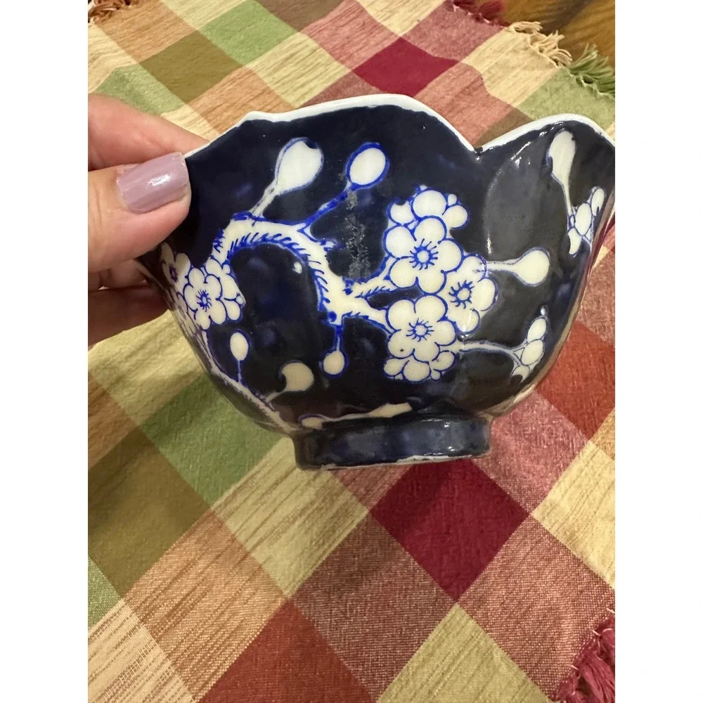 Vintage Japanese Cobalt Flow Blue Cherry Blossom Scalloped Porcelain Bowl